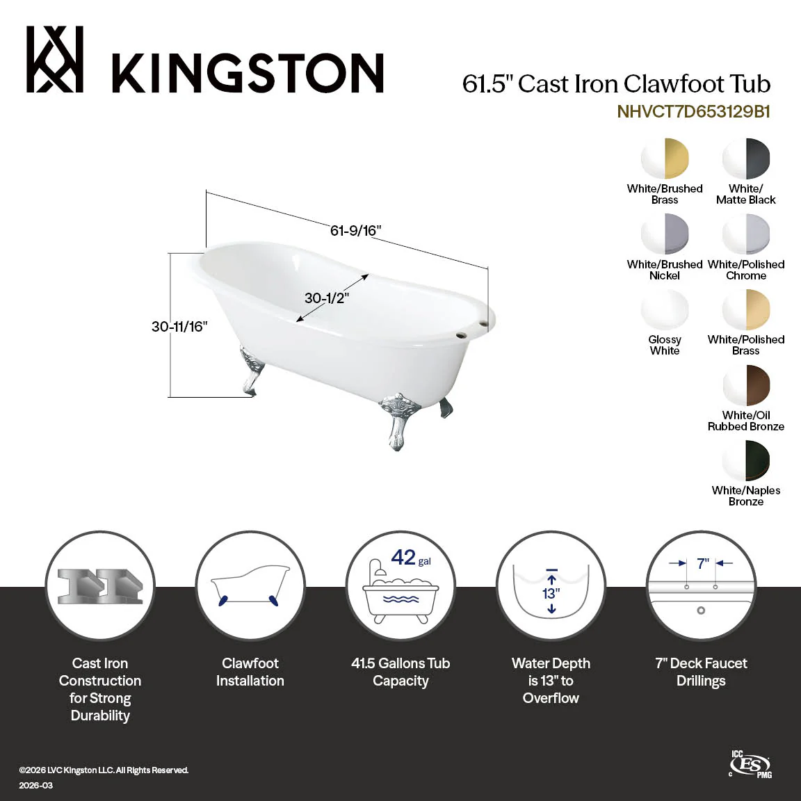 Kingston Heirloom NHVCT7D653129B5 - Aqua Eden 61-Inch Cast Iron Oval Single Slipper Clawfoot Tub (7-Inch Faucet Drillings), White/Oil Rubbed Bronze - Image 3