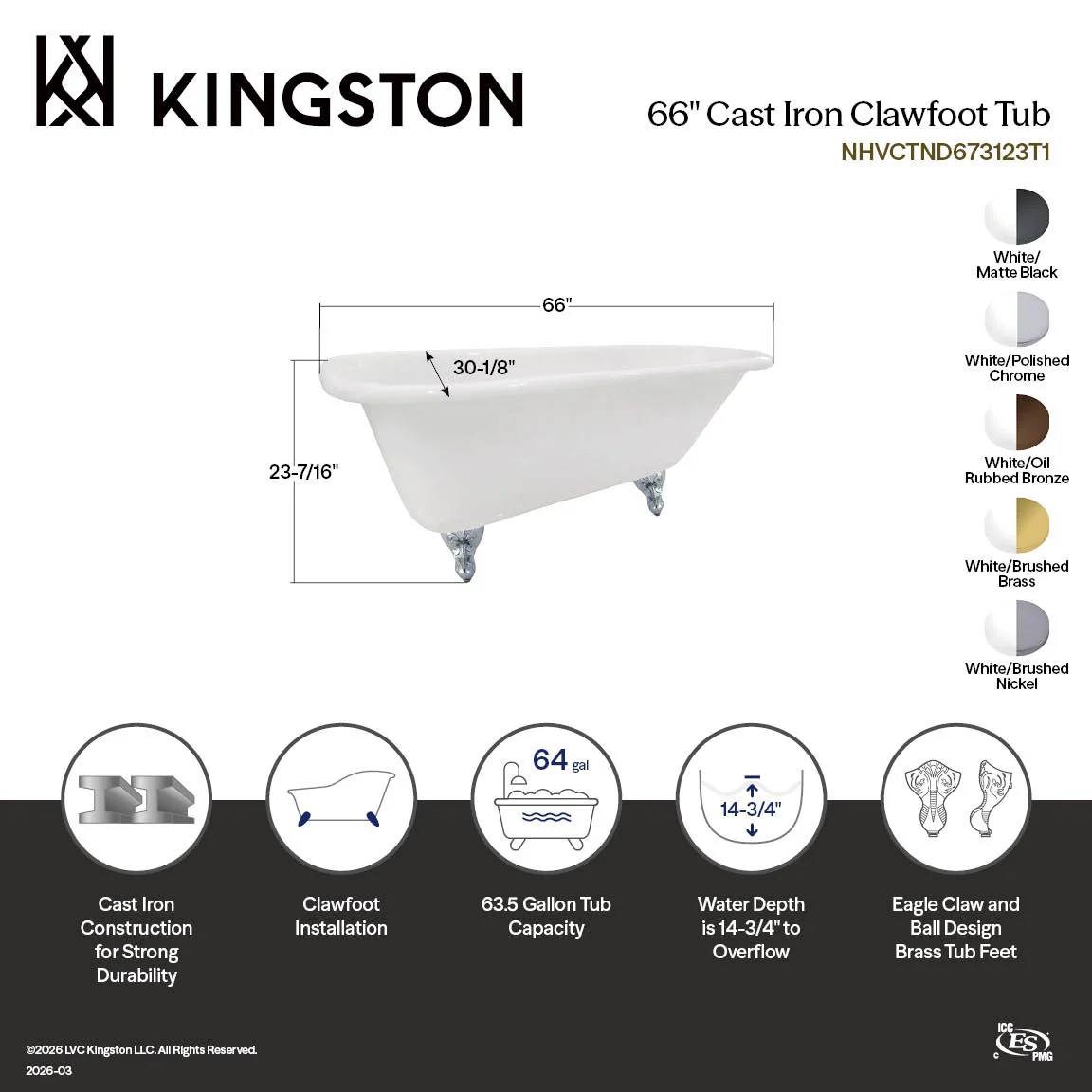 Kingston Heirloom NHVCTND673123T0 - Aqua Eden 66-Inch Cast Iron Oval Rectangular Roll Top Clawfoot Tub (No Faucet Drillings), White/Matte Black - Image 3