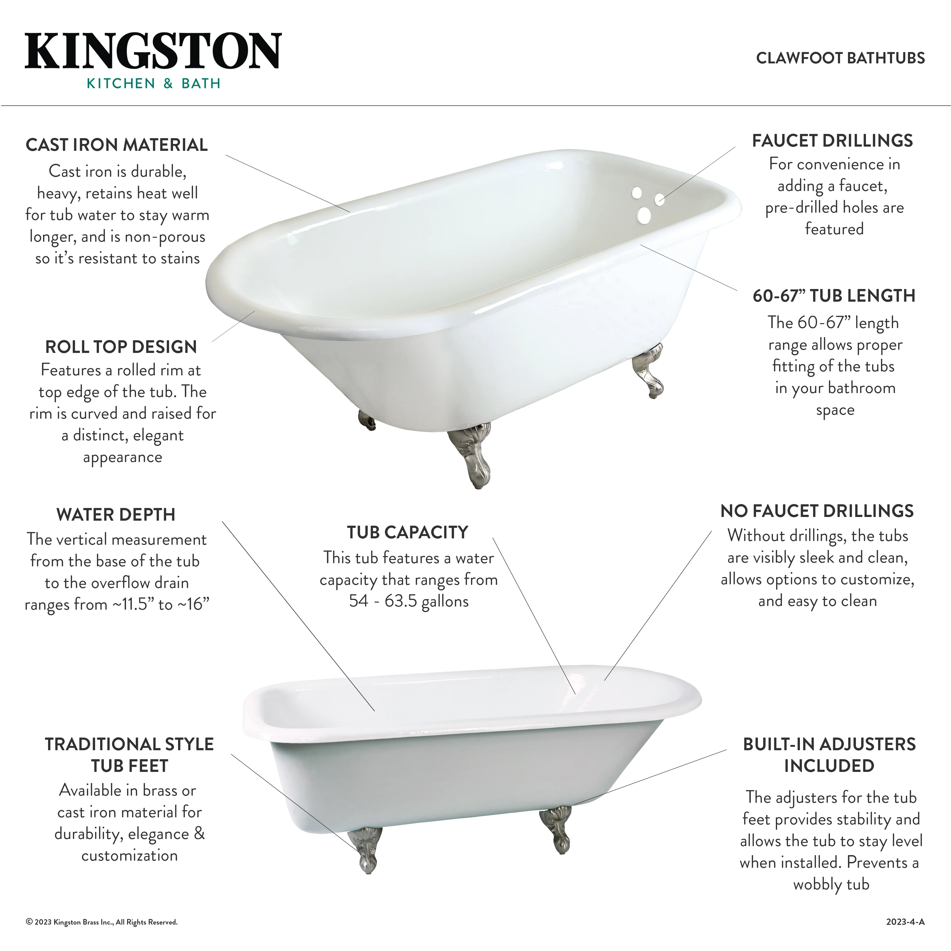 Kingston Heirloom NHVCTND673123T1 - Aqua Eden 66-Inch Cast Iron Oval Rectangular Roll Top Clawfoot Tub (No Faucet Drillings), White/Polished Chrome - Image 2