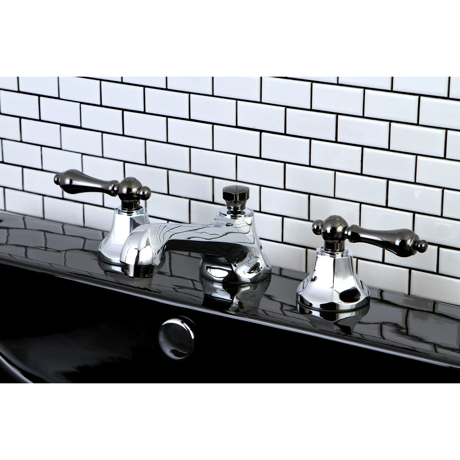 Kingston Tulare NS4463AL - Water Onyx Two-Handle 3-Hole Deck Mount Widespread Bathroom Faucet with Brass Pop-Up, Polished Chrome/Black Stainless Steel - Image 3