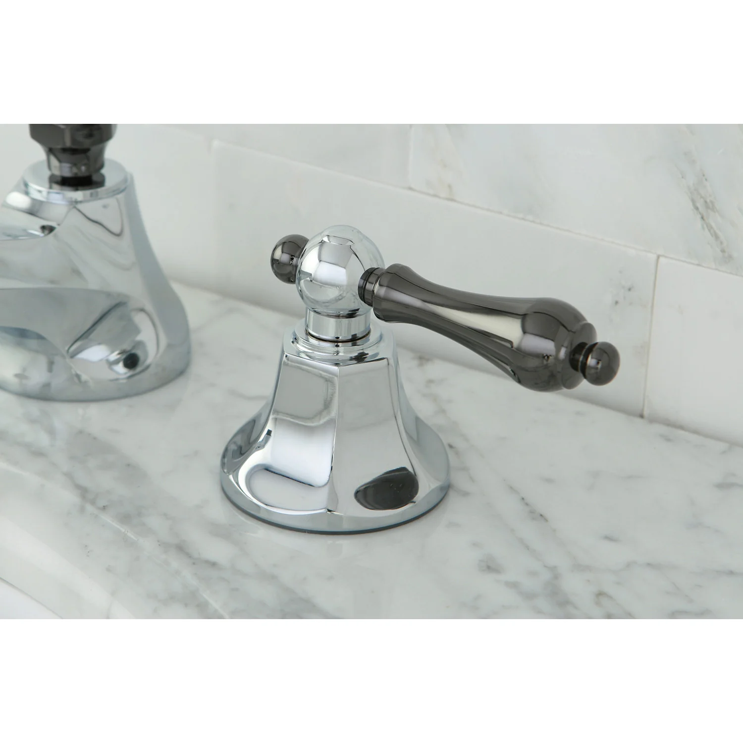 Kingston Tulare NS4463AL - Water Onyx Two-Handle 3-Hole Deck Mount Widespread Bathroom Faucet with Brass Pop-Up, Polished Chrome/Black Stainless Steel - Image 6