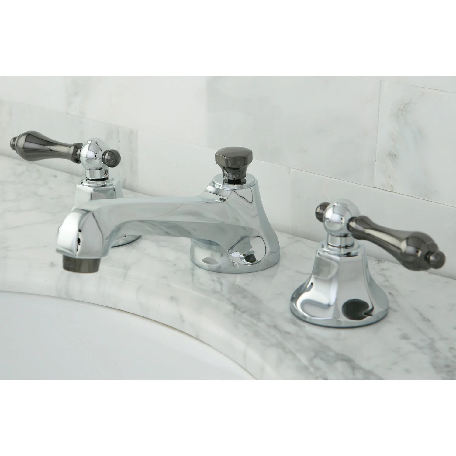 Kingston Tulare NS4463AL - Water Onyx Two-Handle 3-Hole Deck Mount Widespread Bathroom Faucet with Brass Pop-Up, Polished Chrome/Black Stainless Steel - Image 7