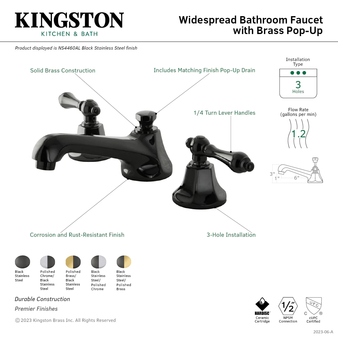 Kingston Tulare NS4463AL - Water Onyx Two-Handle 3-Hole Deck Mount Widespread Bathroom Faucet with Brass Pop-Up, Polished Chrome/Black Stainless Steel - Image 8
