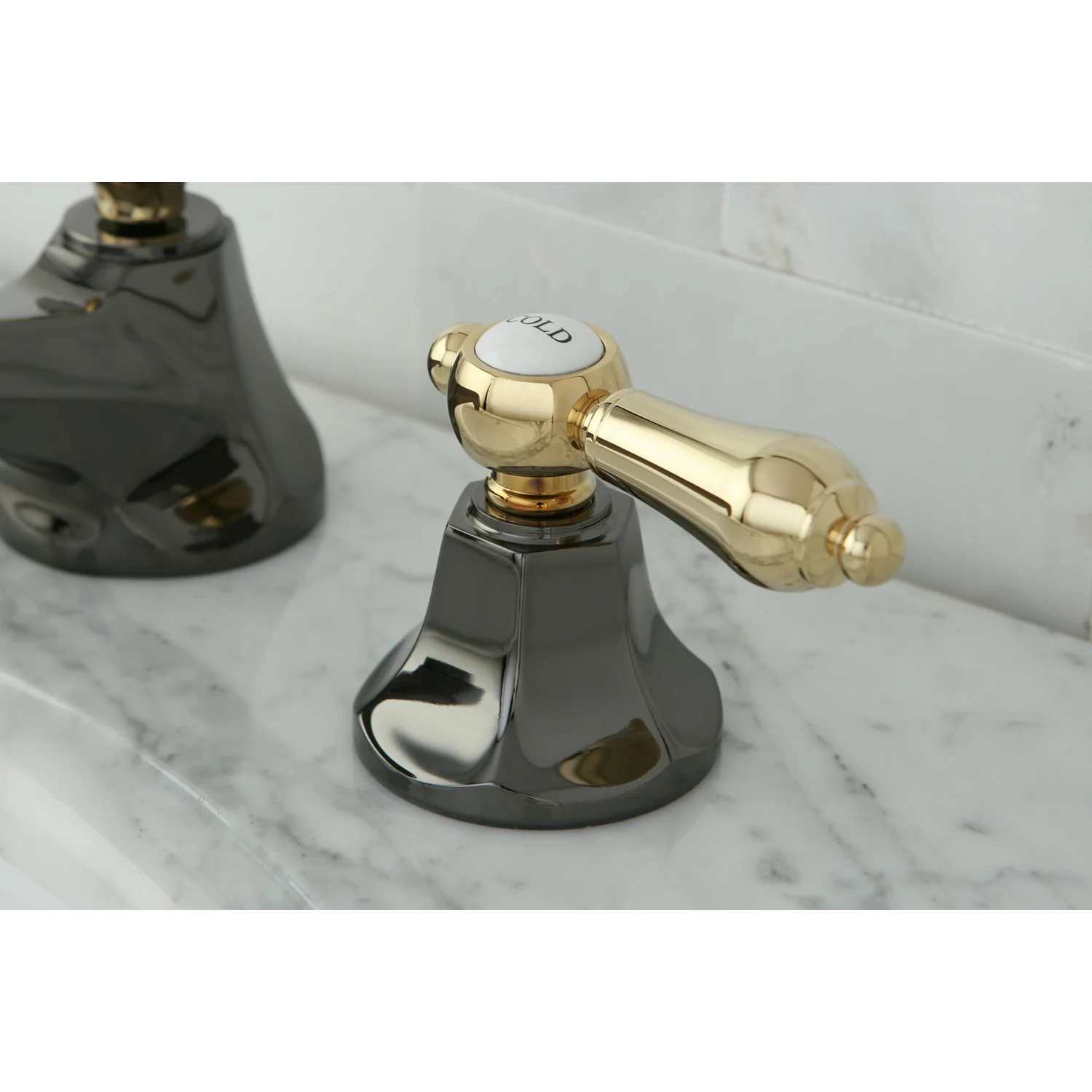 Kingston Tulare NS4469BAL - Water Onyx Two-Handle 3-Hole Deck Mount Widespread Bathroom Faucet with Brass Pop-Up, Black Stainless Steel/Polished Brass - Image 3