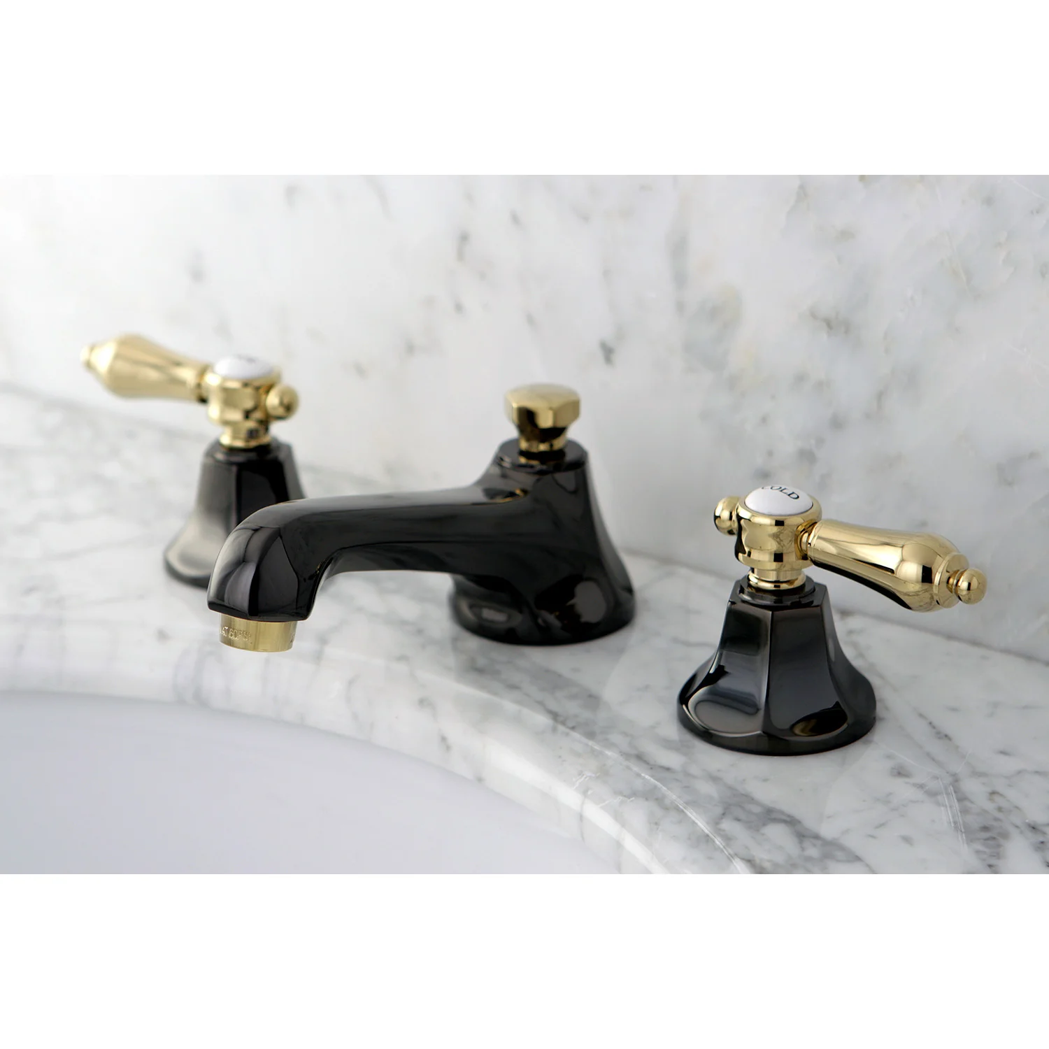 Kingston Tulare NS4469BAL - Water Onyx Two-Handle 3-Hole Deck Mount Widespread Bathroom Faucet with Brass Pop-Up, Black Stainless Steel/Polished Brass - Image 4