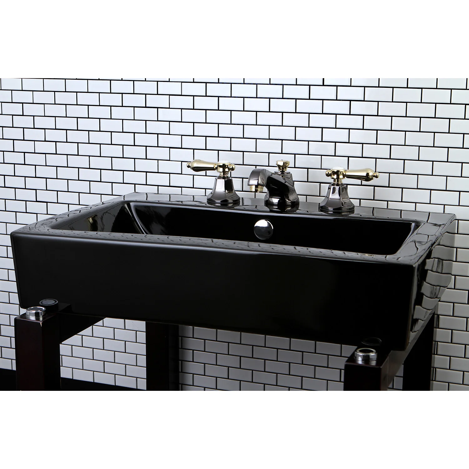 Kingston Tulare NS4469BAL - Water Onyx Two-Handle 3-Hole Deck Mount Widespread Bathroom Faucet with Brass Pop-Up, Black Stainless Steel/Polished Brass - Image 5