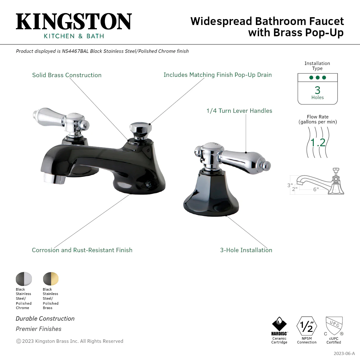 Kingston Tulare NS4469BAL - Water Onyx Two-Handle 3-Hole Deck Mount Widespread Bathroom Faucet with Brass Pop-Up, Black Stainless Steel/Polished Brass - Image 6