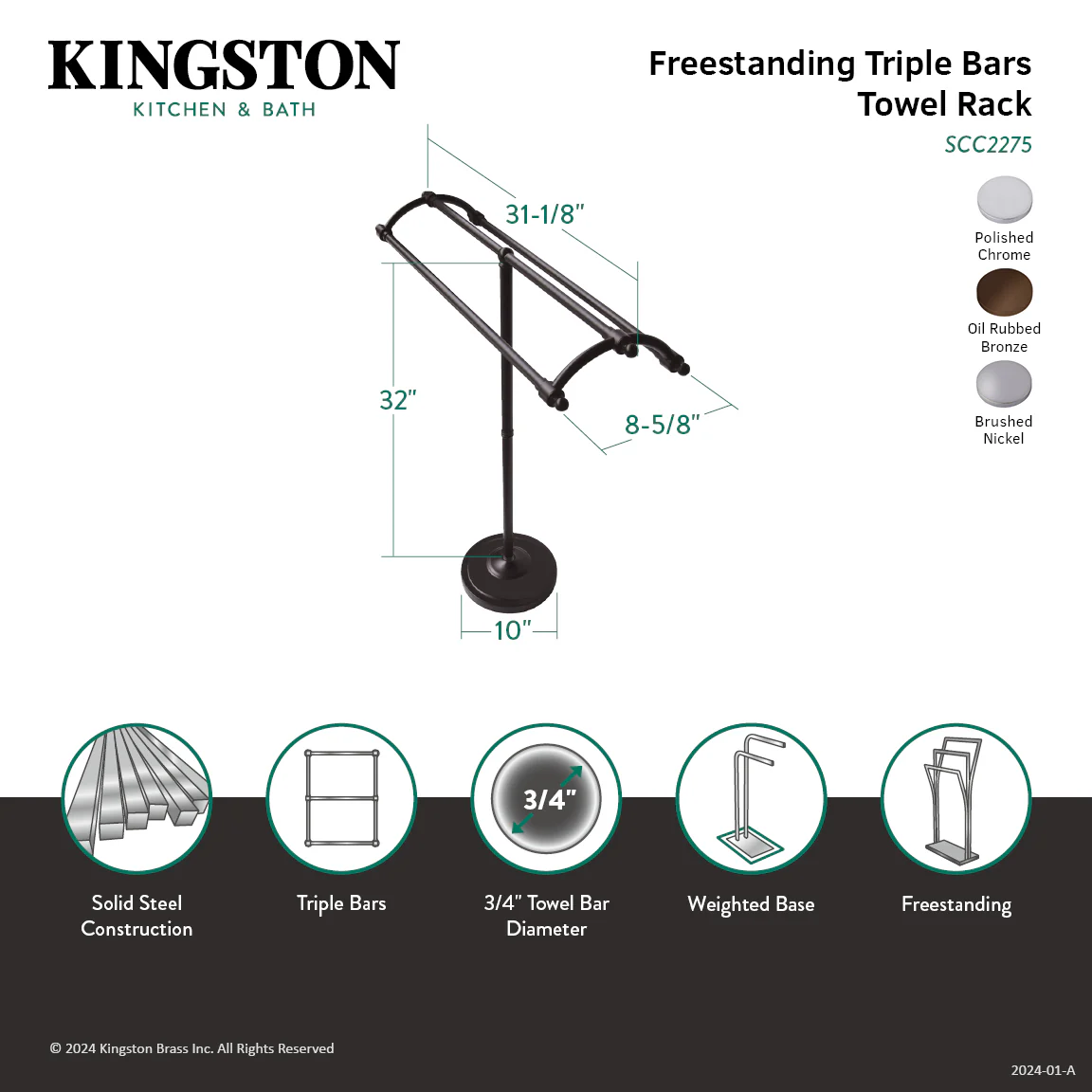 Kingston Heirloom SCC2275 - Edenscape 36-Inch Freestanding Pedestal 3-Tier Towel Rack, Oil Rubbed Bronze - Image 2