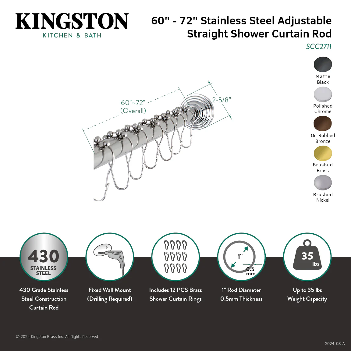 Kingston Edenscape SCC2715 60-Inch to 72-Inch Adjustable Shower Curtain Rod with Rings, Oil Rubbed Bronze - Image 3
