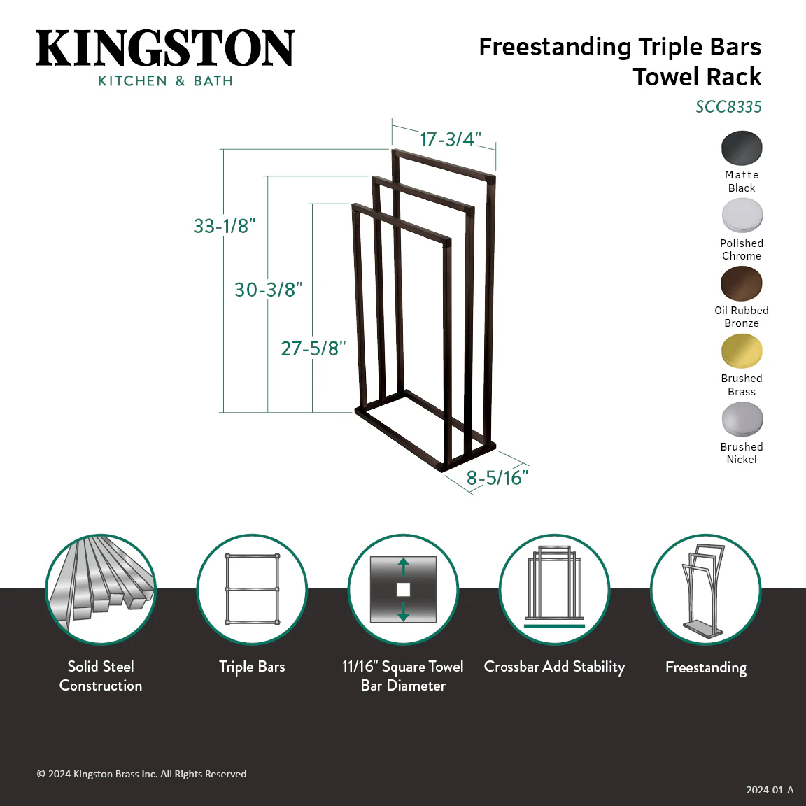 Kingston Sona SCC8330 - Edenscape 33-1/8 Inch Freestanding Pedestal 3-Tier Towel Rack, Matte Black - Image 5