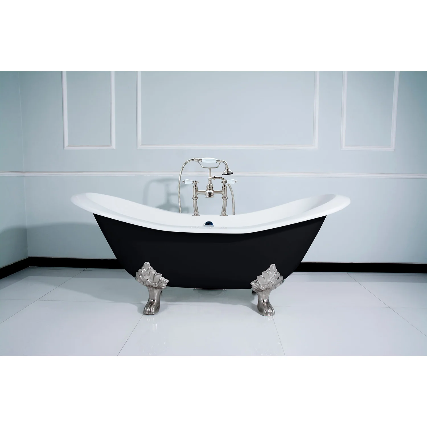 Kingston Heirloom VBT7D7231NC8 - Aqua Eden 72-Inch Cast Iron Oval Double Slipper Clawfoot Tub (7-Inch Faucet Drillings), Black/White/Brushed Nickel - Image 6
