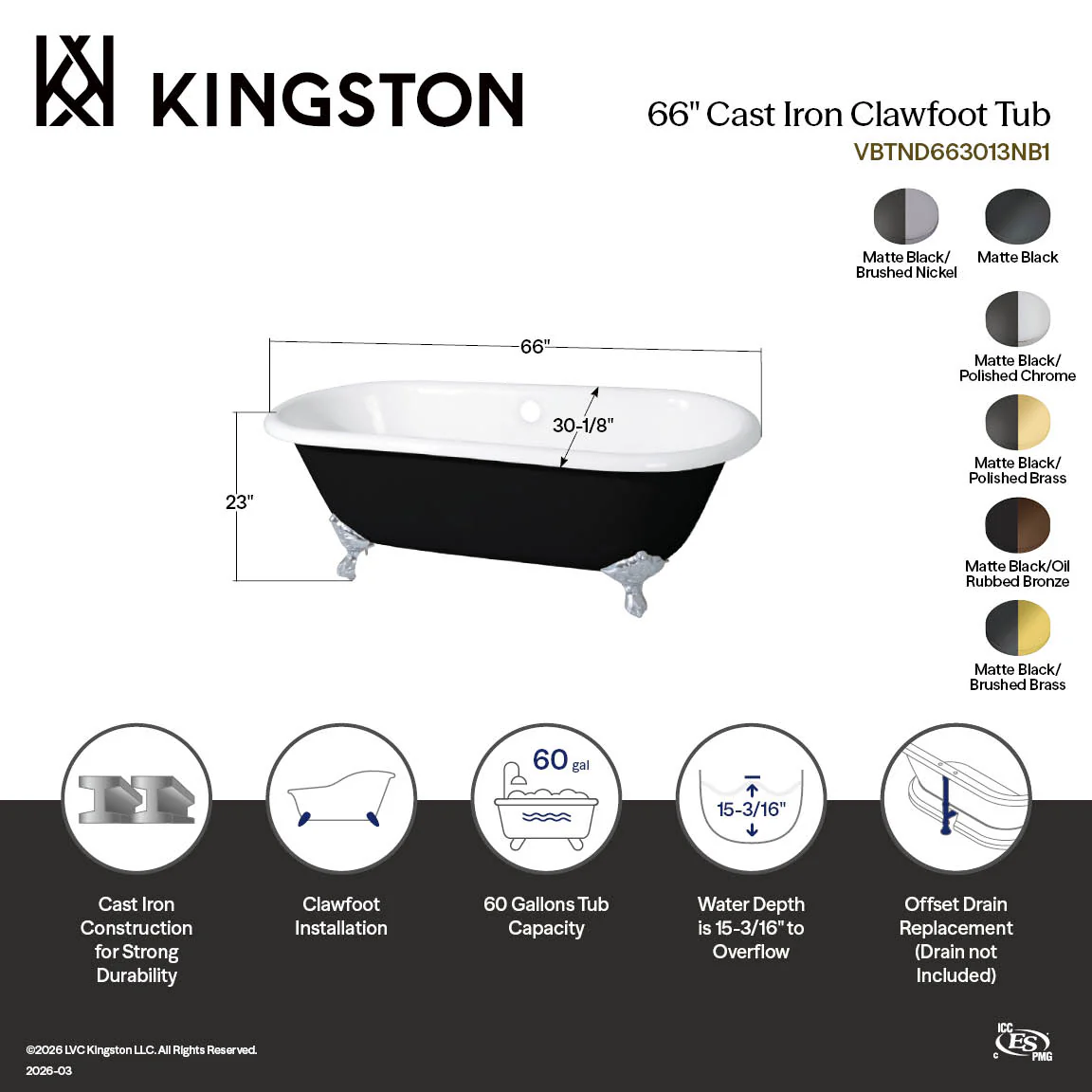 Kingston Heirloom VBTND663013NB0 - Aqua Eden 66-Inch Cast Iron Oval Double Ended Clawfoot Tub (No Faucet Drillings), Black/White/Matte Black - Image 4