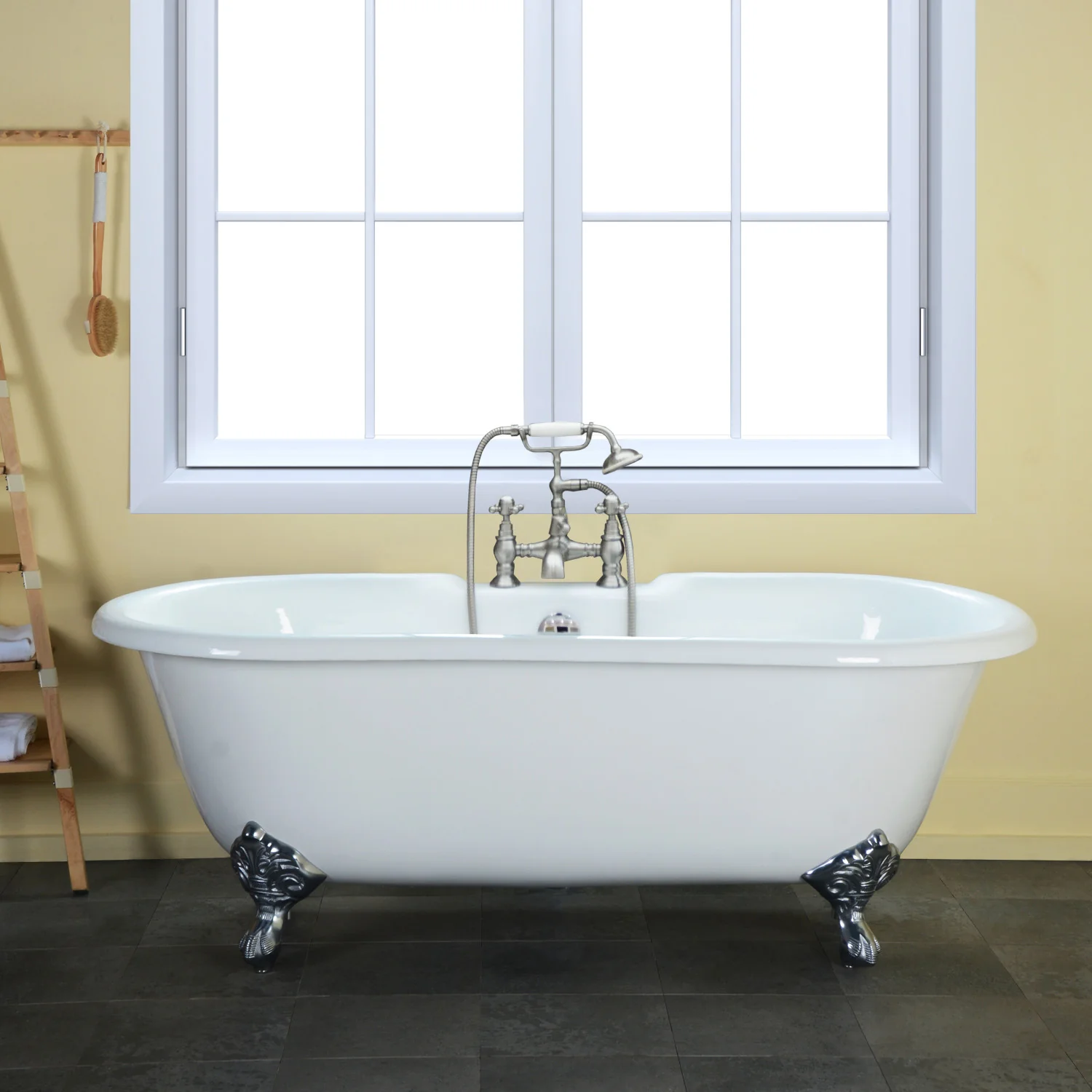 Kingston Heirloom VCT7D663013NB1 - Aqua Eden 66-Inch Cast Iron Oval Double Ended Clawfoot Tub (7-Inch Faucet Drillings), White/Polished Chrome