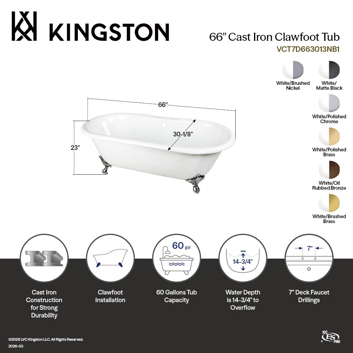 Kingston Heirloom VCT7D663013NB1 - Aqua Eden 66-Inch Cast Iron Oval Double Ended Clawfoot Tub (7-Inch Faucet Drillings), White/Polished Chrome - Image 6
