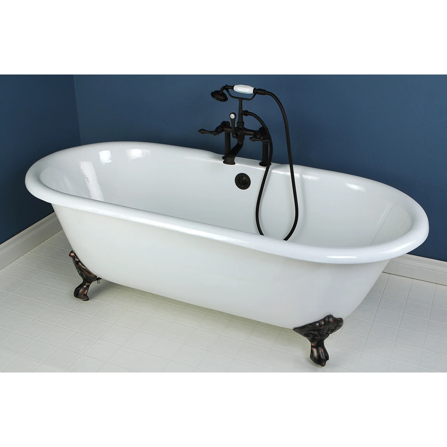 Kingston Heirloom VCT7D663013NB5 - Aqua Eden 66-Inch Cast Iron Oval Double Ended Clawfoot Tub (7-Inch Faucet Drillings), White/Oil Rubbed Bronze