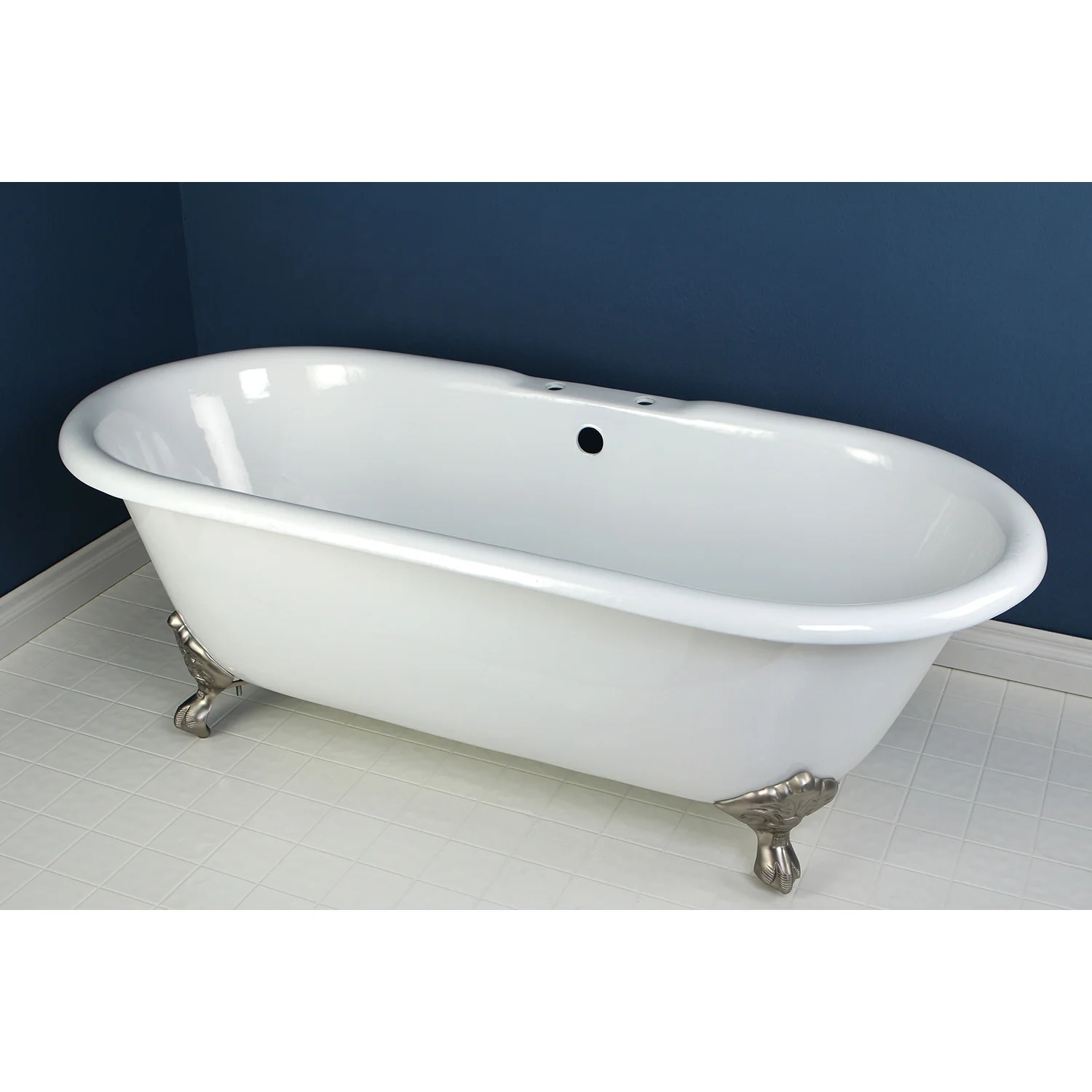 Kingston Heirloom VCT7D663013NB8 - Aqua Eden 66-Inch Cast Iron Oval Double Ended Clawfoot Tub (7-Inch Faucet Drillings), White/Brushed Nickel - Image 2