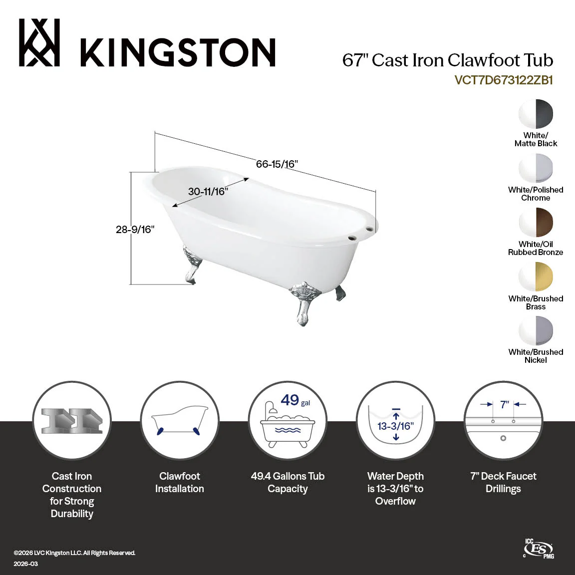 Kingston Heirloom VCT7D673122ZB5 - Aqua Eden 67-Inch Cast Iron Oval Single Slipper Clawfoot Tub (7-Inch Faucet Drillings), White/Oil Rubbed Bronze - Image 3