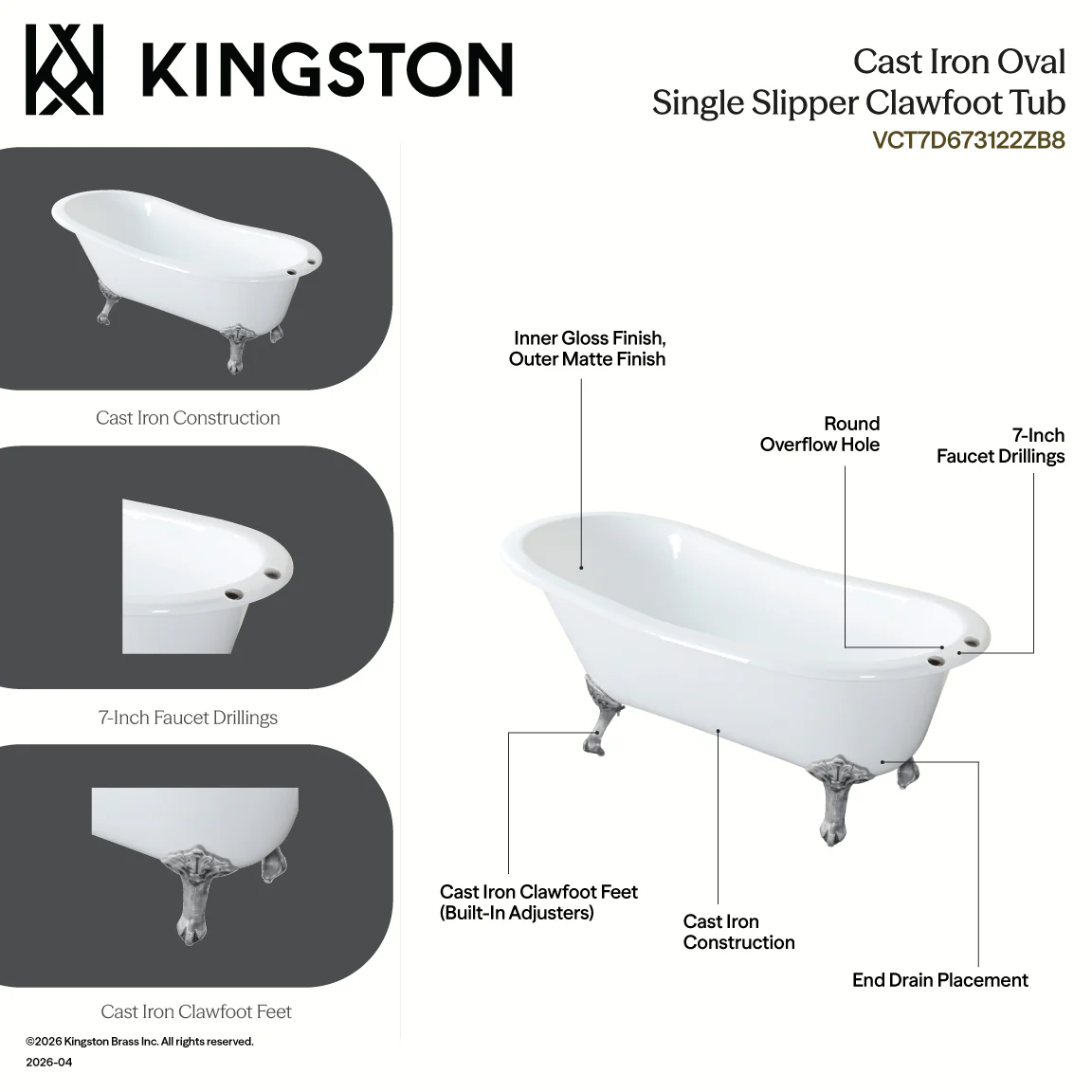 Kingston Heirloom VCT7D673122ZB8 - Aqua Eden 67-Inch Cast Iron Oval Single Slipper Clawfoot Tub (7-Inch Faucet Drillings), White/Brushed Nickel - Image 4