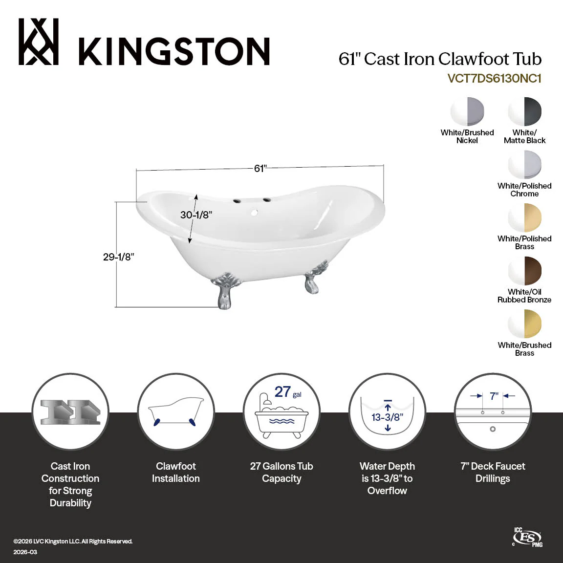 Kingston Heirloom VCT7DS6130NC8 - Aqua Eden 61-Inch Cast Iron Oval Double Slipper Clawfoot Tub (7-Inch Faucet Drillings), White/Brushed Nickel - Image 3