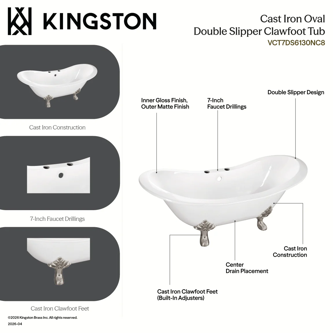 Kingston Heirloom VCT7DS6130NC8 - Aqua Eden 61-Inch Cast Iron Oval Double Slipper Clawfoot Tub (7-Inch Faucet Drillings), White/Brushed Nickel - Image 4