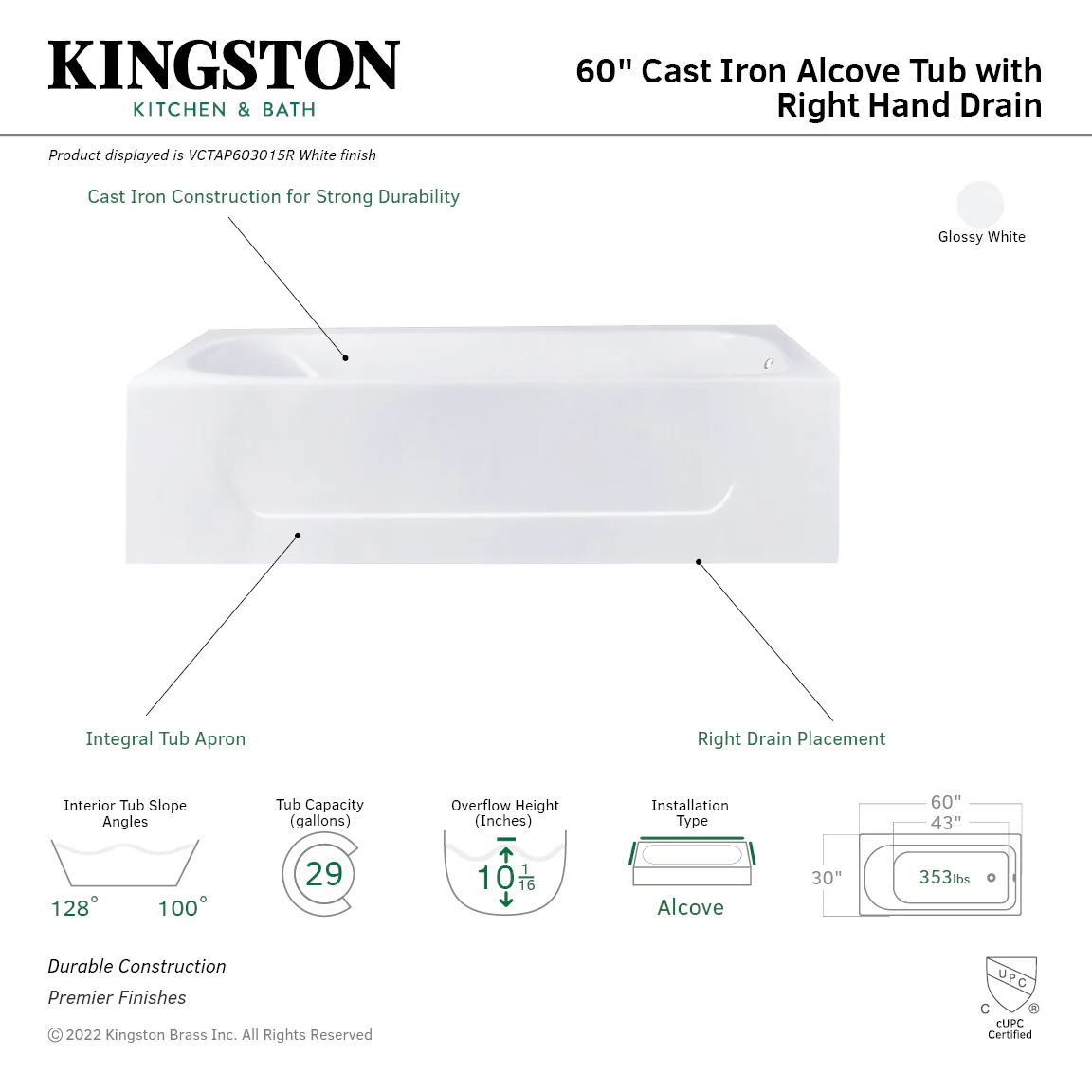 Kingston Tulare VCTAP603015R - Aqua Eden 60-Inch Cast Iron Rectangular 3-Wall Alcove Tub, Right Drain Hole, White - Image 3