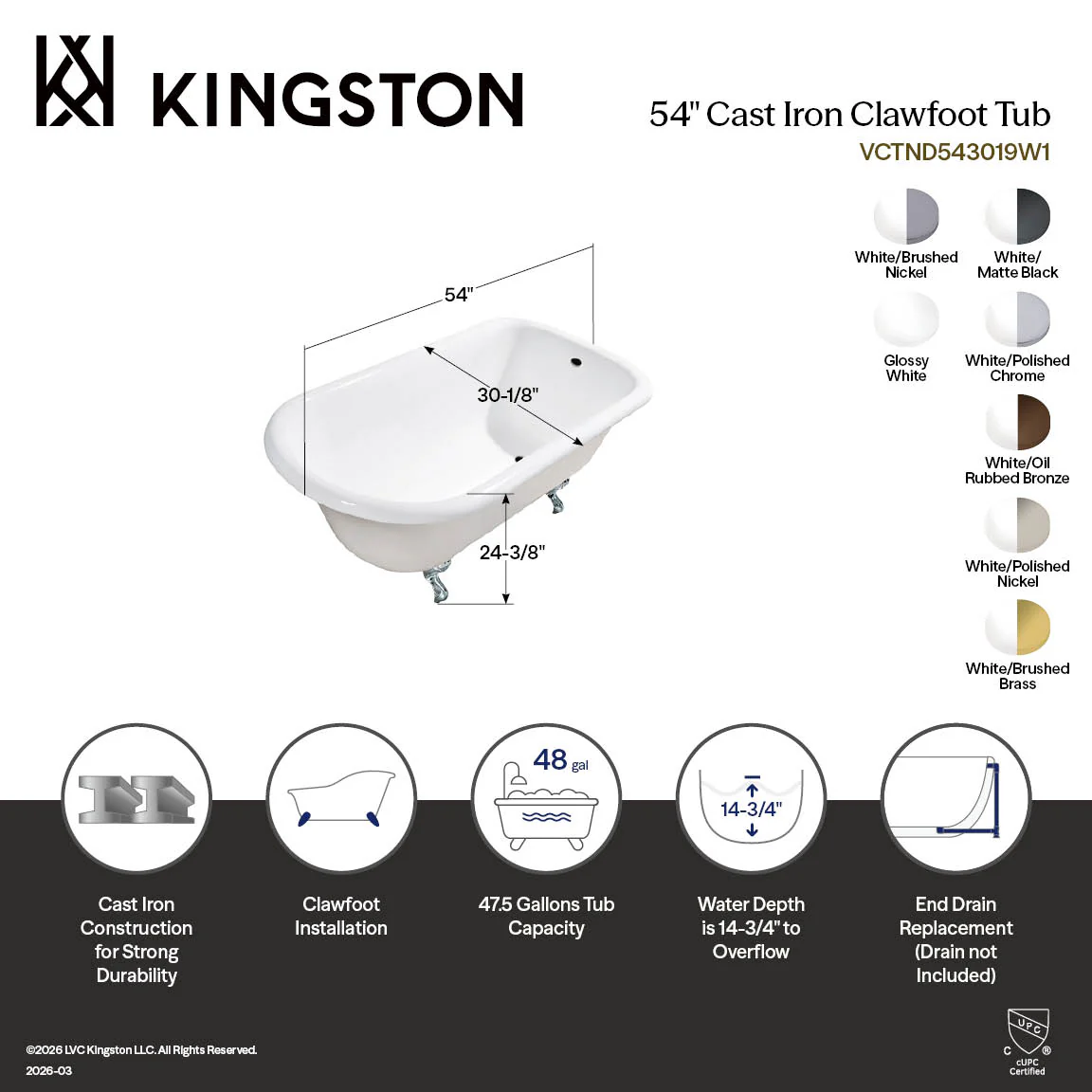 Kingston Heirloom VCTND543019W7 - Aqua Eden 54-Inch Cast Iron Classic Flat-Rim Roll Top Clawfoot Tub (No Faucet Drillings), White/Brushed Brass - Image 3
