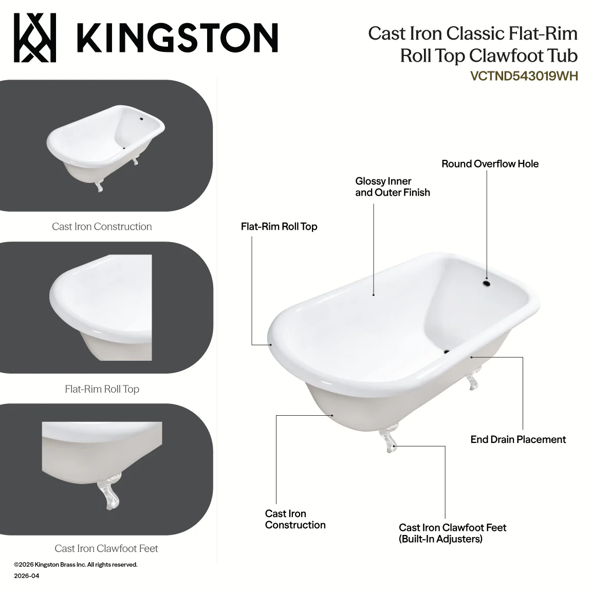 Kingston Heirloom VCTND543019W7 - Aqua Eden 54-Inch Cast Iron Classic Flat-Rim Roll Top Clawfoot Tub (No Faucet Drillings), White/Brushed Brass - Image 4