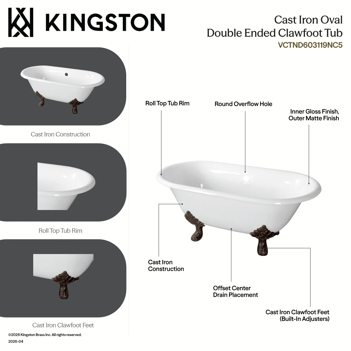 Kingston Heirloom VCTND603119NC0 - Aqua Eden 60-Inch Cast Iron Oval Double Ended Clawfoot Tub (No Faucet Drillings), White/Matte Black - Image 5