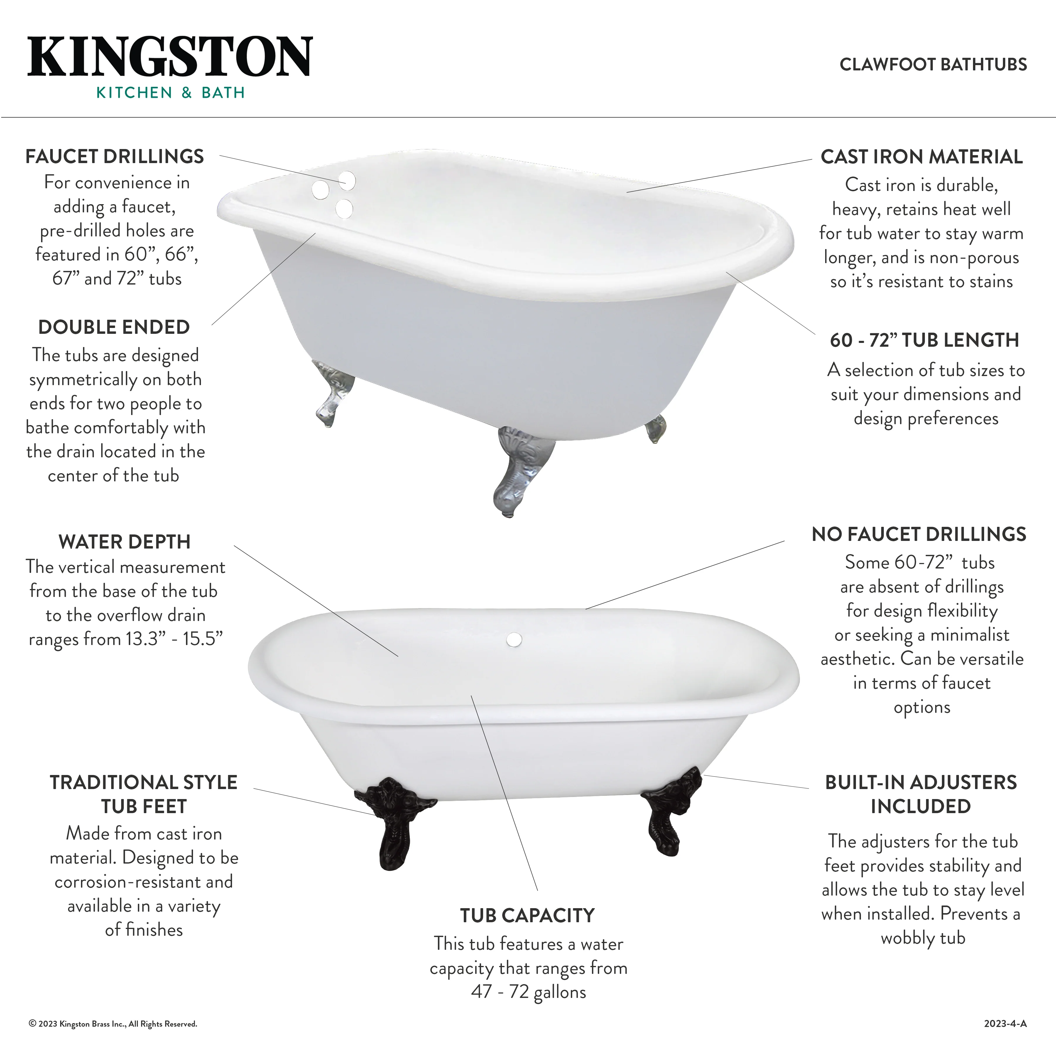 Kingston Heirloom VCTND603119NC8 - Aqua Eden 60-Inch Cast Iron Oval Double Ended Clawfoot Tub (No Faucet Drillings), White/Brushed Nickel - Image 2