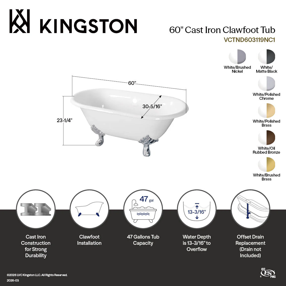 Kingston Heirloom VCTND603119NC8 - Aqua Eden 60-Inch Cast Iron Oval Double Ended Clawfoot Tub (No Faucet Drillings), White/Brushed Nickel - Image 3