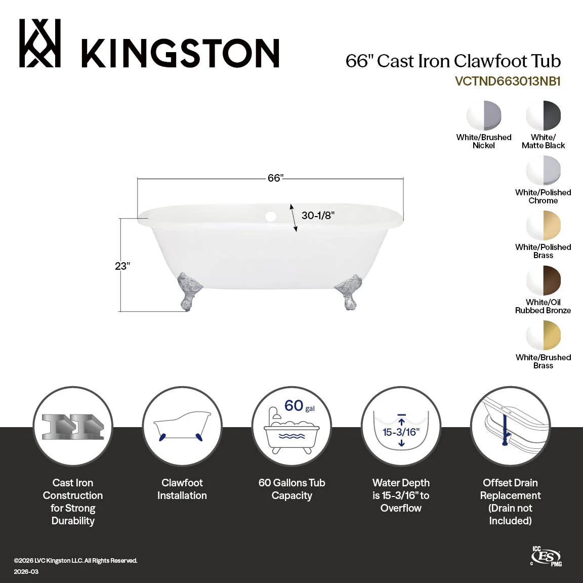 Kingston Heirloom VCTND663013NB5 - Aqua Eden 66-Inch Cast Iron Oval Double Ended Clawfoot Tub (No Faucet Drillings), White/Oil Rubbed Bronze - Image 5