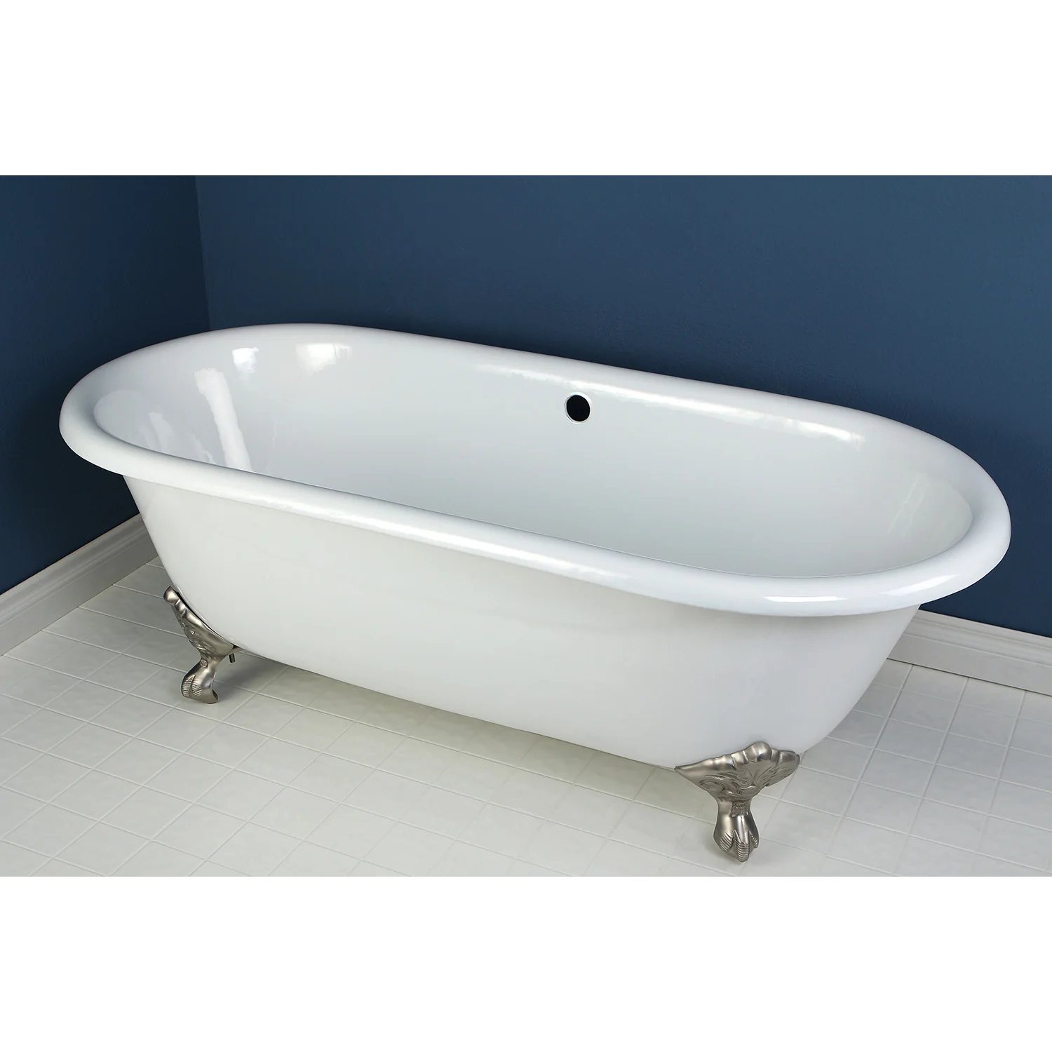 Kingston Heirloom VCTND663013NB8 - Aqua Eden 66-Inch Cast Iron Oval Double Ended Clawfoot Tub (No Faucet Drillings), White/Brushed Nickel