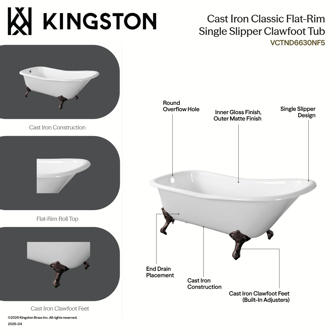 Kingston Heirloom VCTND6630NF0 - Aqua Eden 67-Inch Cast Iron Classic Flat-Rim Single Slipper Clawfoot Tub (No Faucet Drillings), White/Matte Black - Image 5
