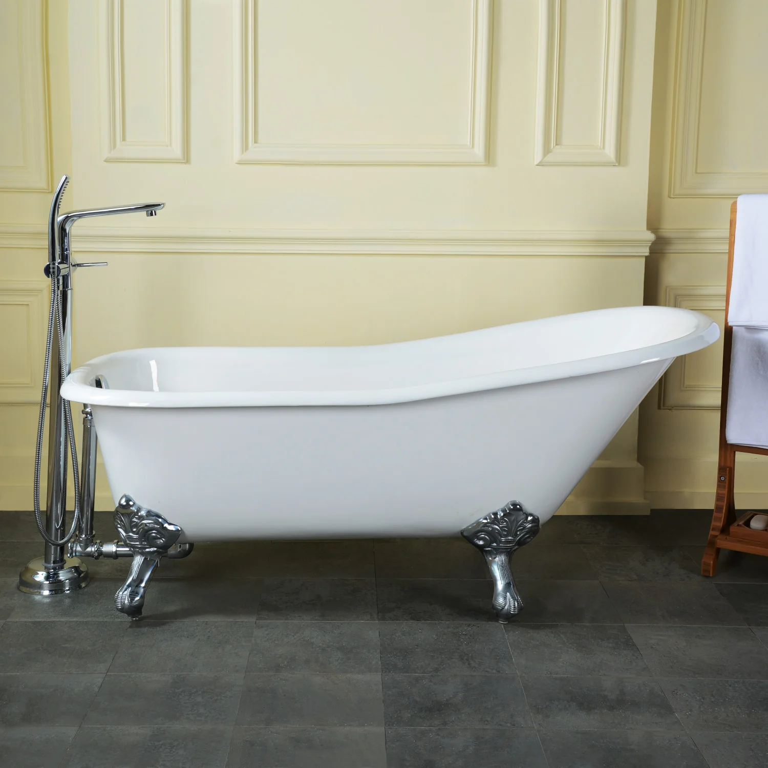 Kingston Heirloom VCTND6630NF1 - Aqua Eden 67-Inch Cast Iron Classic Flat-Rim Single Slipper Clawfoot Tub (No Faucet Drillings), White/Polished Chrome - Image 3