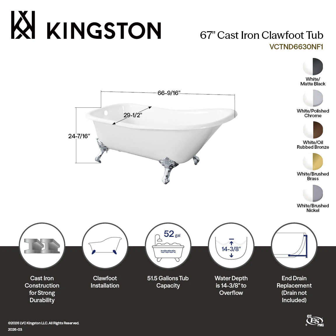 Kingston Heirloom VCTND6630NF8 - Aqua Eden 67-Inch Cast Iron Classic Flat-Rim Single Slipper Clawfoot Tub (No Faucet Drillings), White/Brushed Nickel - Image 3