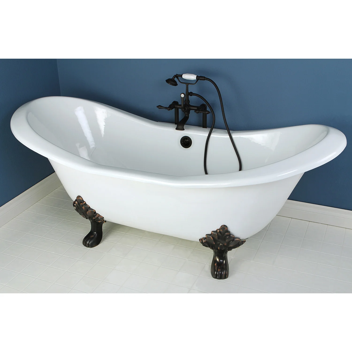 Kingston Heirloom VCTND7231NC5 - Aqua Eden 72-Inch Cast Iron Oval Double Slipper Clawfoot Tub (No Faucet Drillings), White/Oil Rubbed Bronze