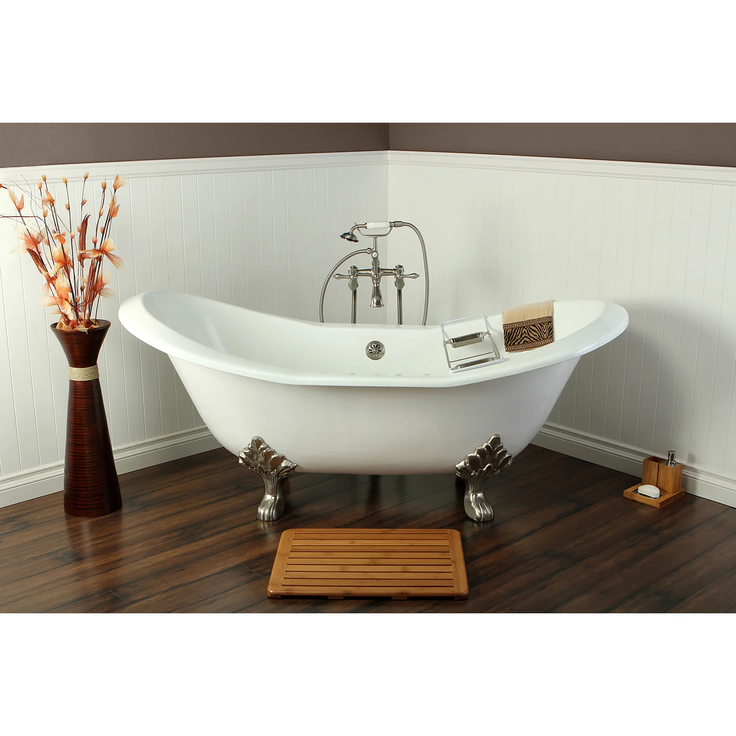 Kingston Heirloom VCTND7231NC8 - Aqua Eden 72-Inch Cast Iron Oval Double Slipper Clawfoot Tub (No Faucet Drillings), White/Brushed Nickel