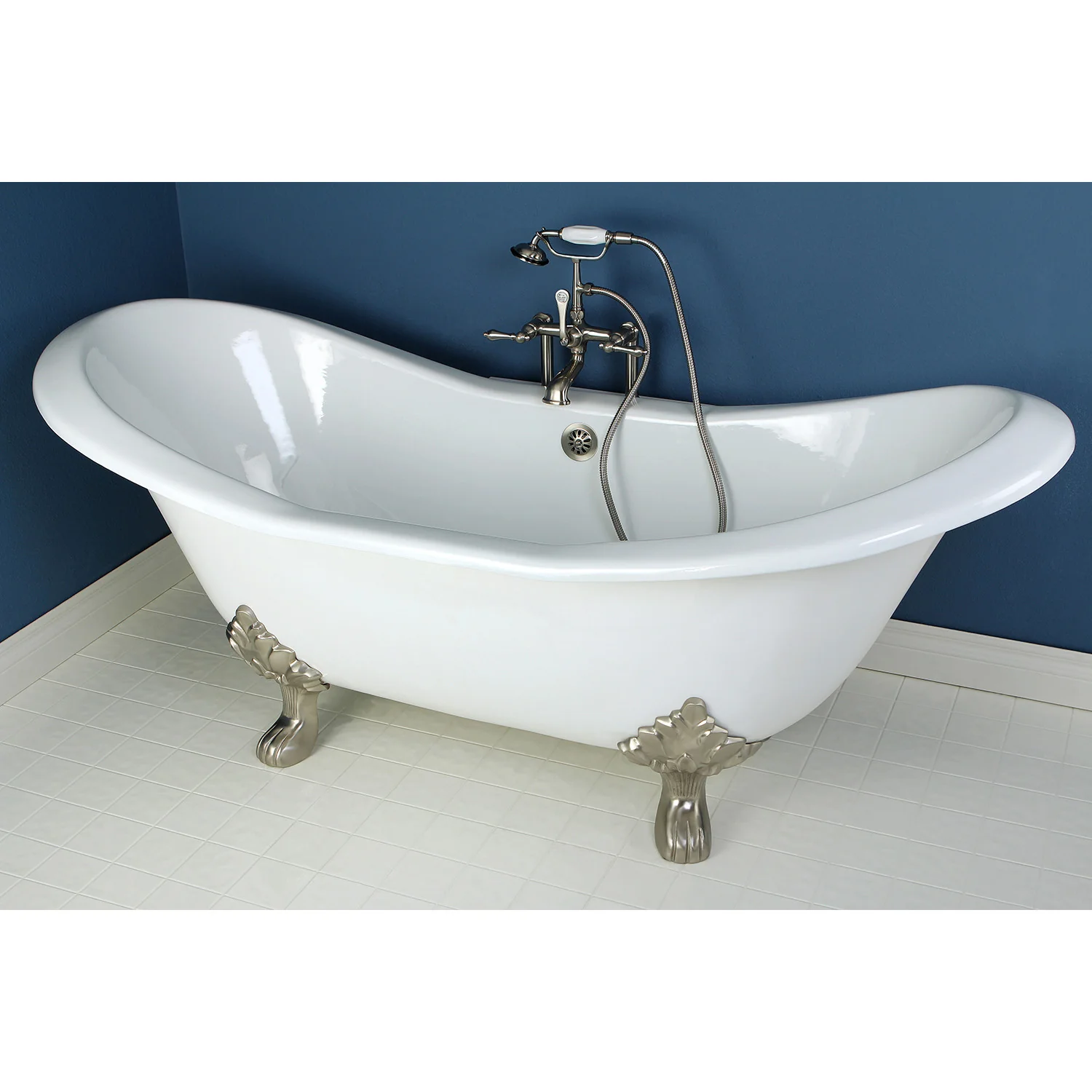 Kingston Heirloom VCTND7231NC8 - Aqua Eden 72-Inch Cast Iron Oval Double Slipper Clawfoot Tub (No Faucet Drillings), White/Brushed Nickel - Image 2