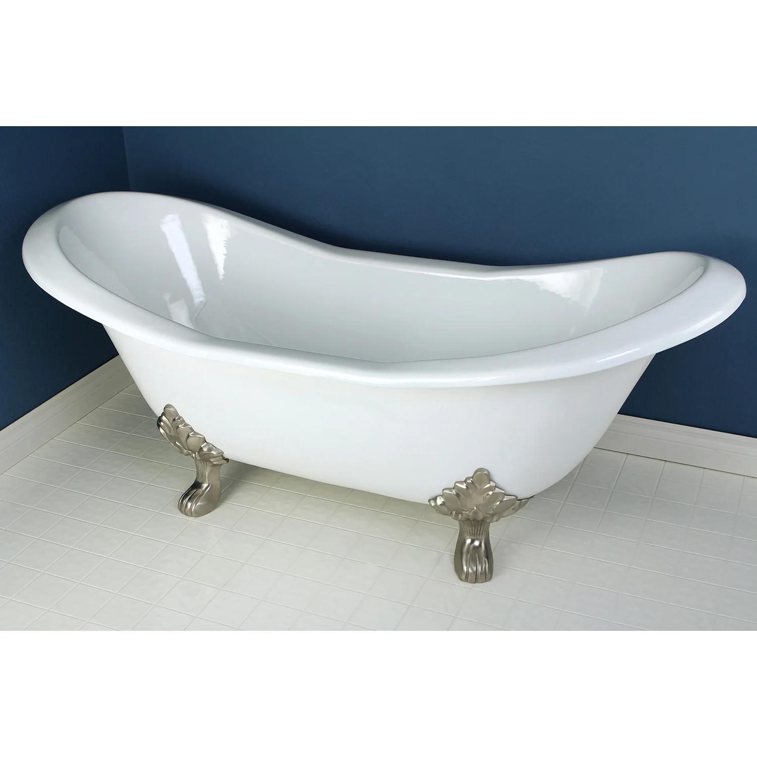 Kingston Heirloom VCTND7231NC8 - Aqua Eden 72-Inch Cast Iron Oval Double Slipper Clawfoot Tub (No Faucet Drillings), White/Brushed Nickel - Image 3