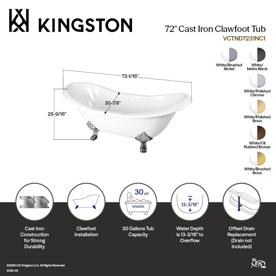 Kingston Heirloom VCTND7231NC8 - Aqua Eden 72-Inch Cast Iron Oval Double Slipper Clawfoot Tub (No Faucet Drillings), White/Brushed Nickel - Image 6
