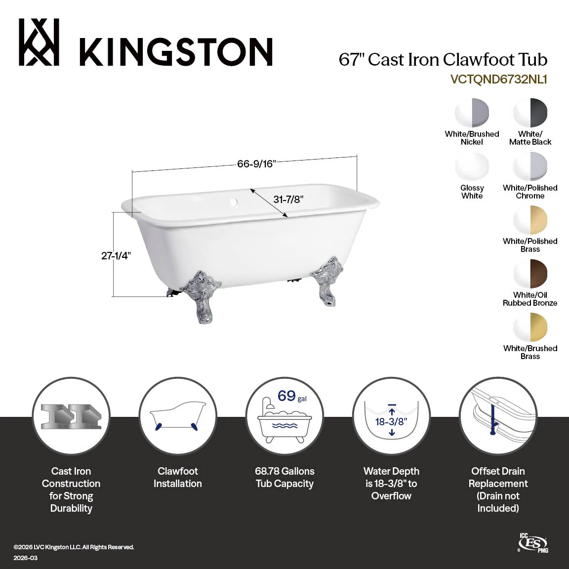 Kingston Heirloom VCTQND6732NL0 - Aqua Eden 67-Inch Cast Iron Rectangular Double Ended Clawfoot Tub (No Faucet Drillings), White/Matte Black - Image 4