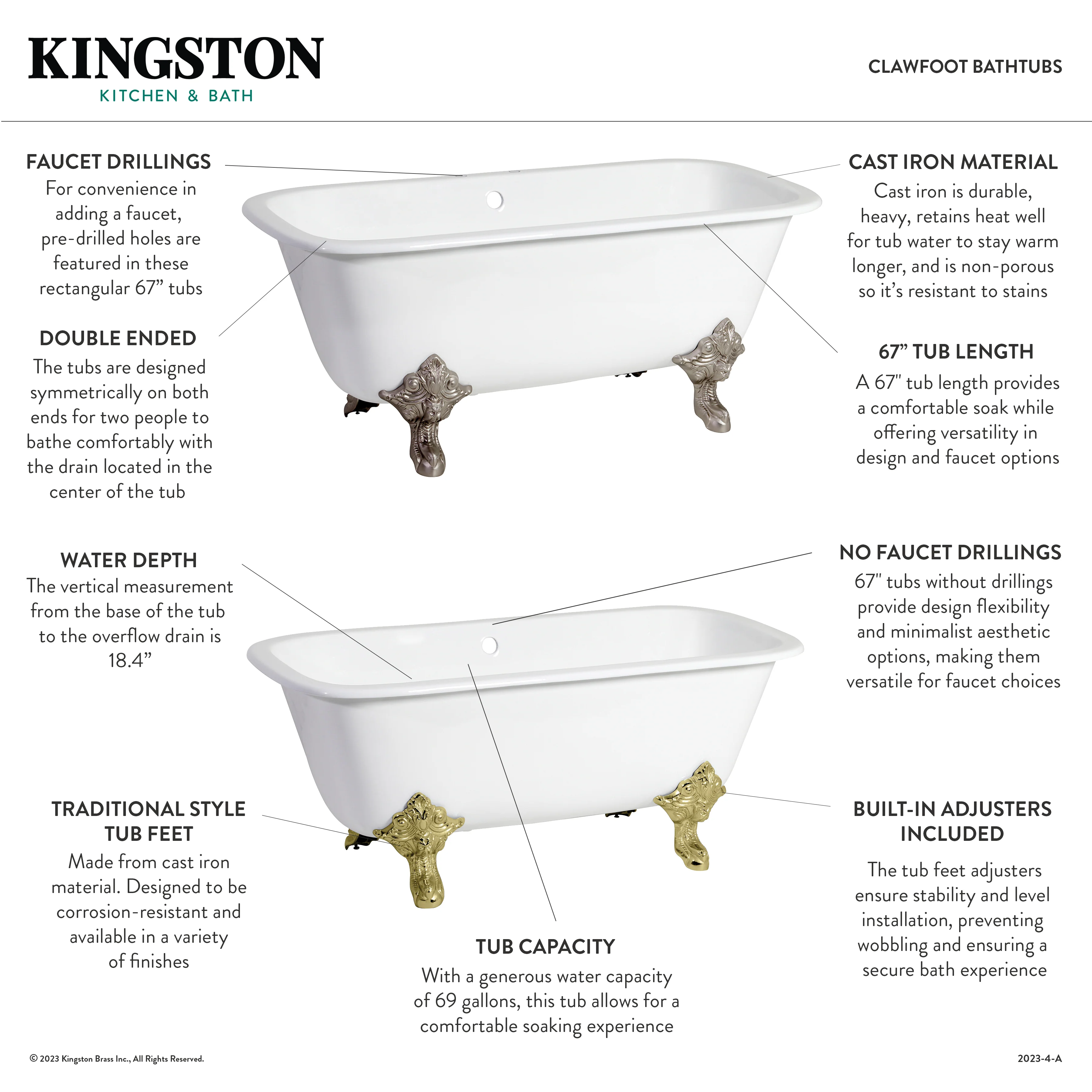 Kingston Heirloom VCTQND6732NL2 - Aqua Eden 67-Inch Cast Iron Rectangular Double Ended Clawfoot Tub (No Faucet Drillings), White/Polished Brass - Image 5