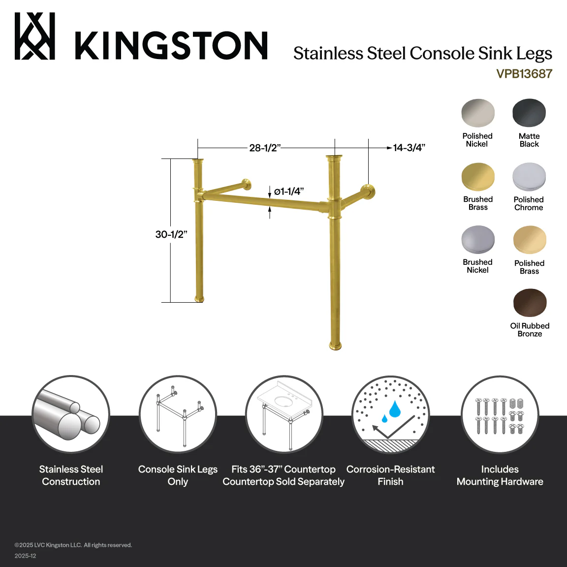 Kingston Tulare VPB13687 - Fauceture Stainless Steel Console Sink Legs, Brushed Brass - Image 3