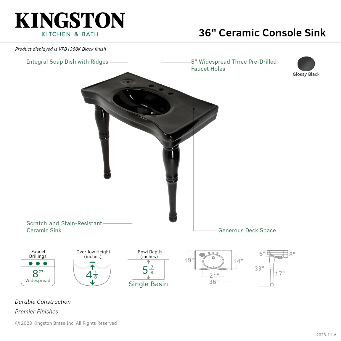Kingston Heirloom VPB1368K - Imperial 36-Inch Ceramic Console Sink and Legs (8-Inch, 3-Hole), Black - Image 2