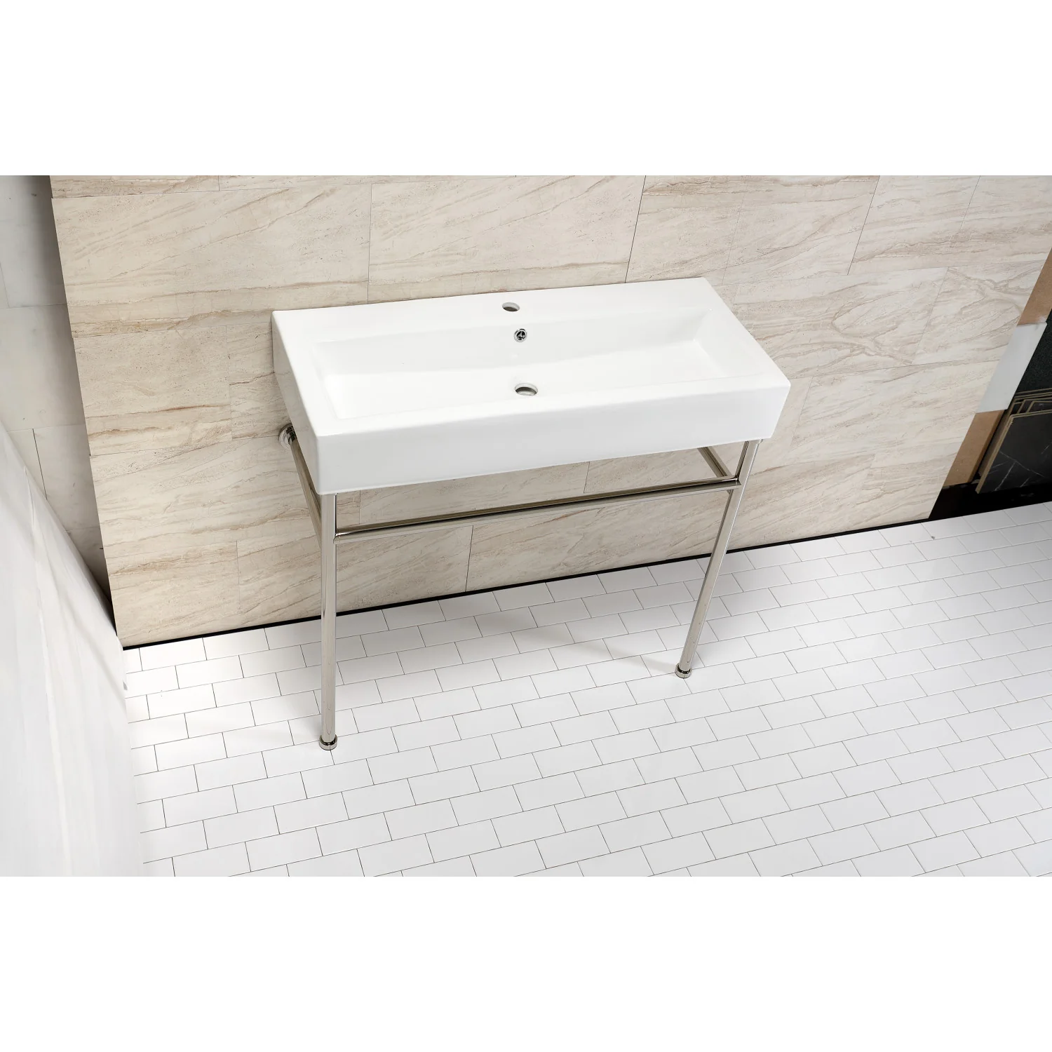 Kingston Sona VPB39176ST - New Haven 39-Inch Porcelain Console Sink with Stainless Steel Legs (1-Hole), White/Polished Nickel