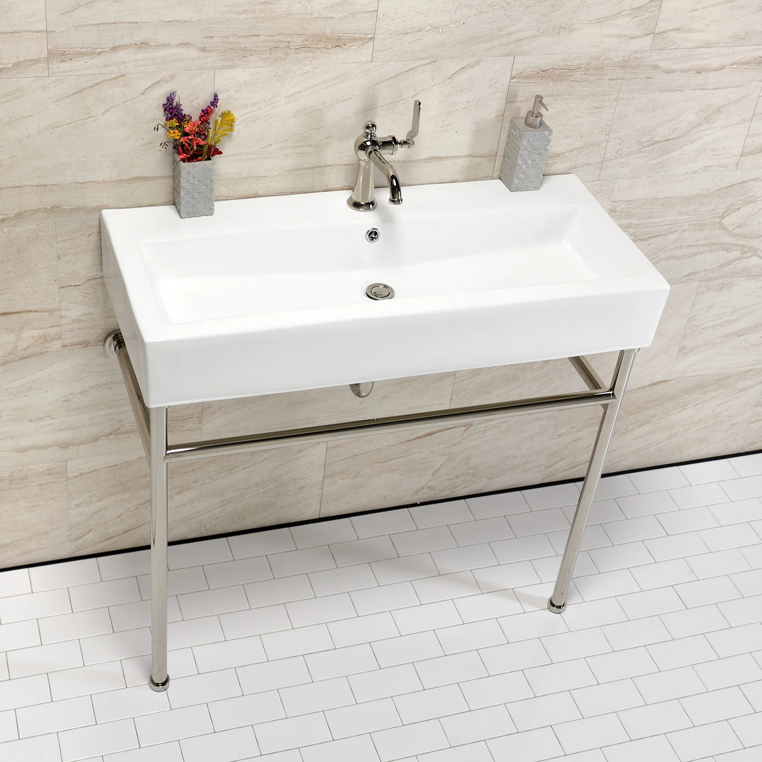Kingston Sona VPB39176ST - New Haven 39-Inch Porcelain Console Sink with Stainless Steel Legs (1-Hole), White/Polished Nickel - Image 2
