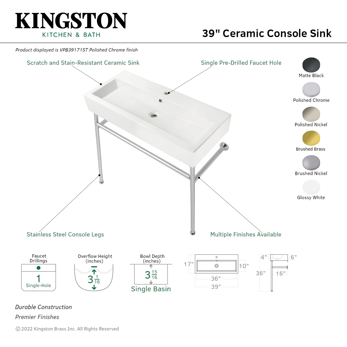 Kingston Sona VPB39176ST - New Haven 39-Inch Porcelain Console Sink with Stainless Steel Legs (1-Hole), White/Polished Nickel - Image 7