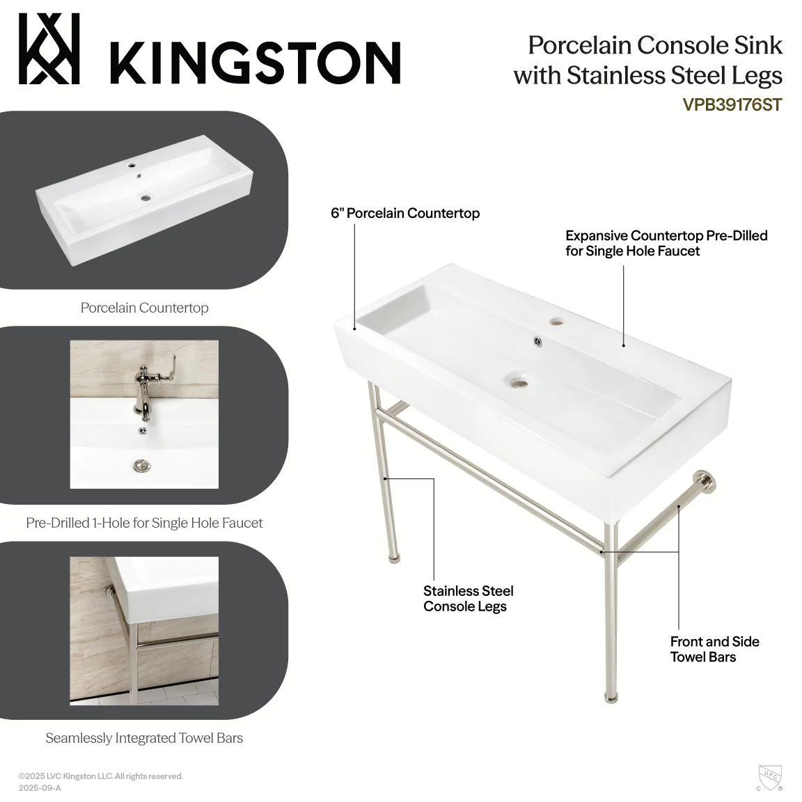 Kingston Sona VPB39176ST - New Haven 39-Inch Porcelain Console Sink with Stainless Steel Legs (1-Hole), White/Polished Nickel - Image 8