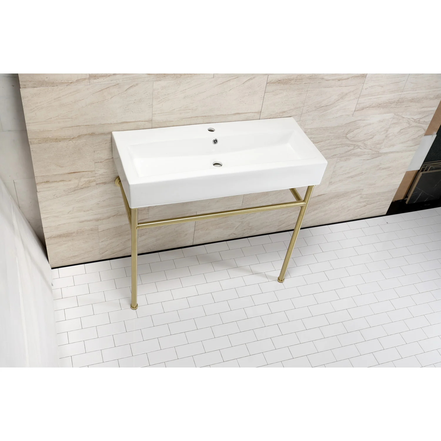 Kingston Sona VPB39177ST - New Haven 39-Inch Porcelain Console Sink with Stainless Steel Legs (1-Hole), White/Brushed Brass