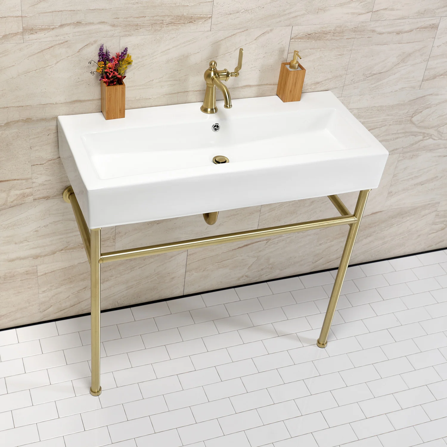 Kingston Sona VPB39177ST - New Haven 39-Inch Porcelain Console Sink with Stainless Steel Legs (1-Hole), White/Brushed Brass - Image 2